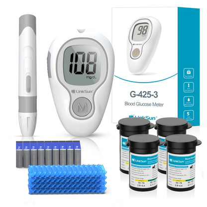 LinkSun G-425-3 Blood Glucose Monitor Kit, 100 Test Strips, 100 Lancets, 1 Blood Sugar Monitor, 1 Lancing Device, Diabetes Testing Kit No Coding, Glucometer Large Display, Diabetes Testing Kit for Home Use