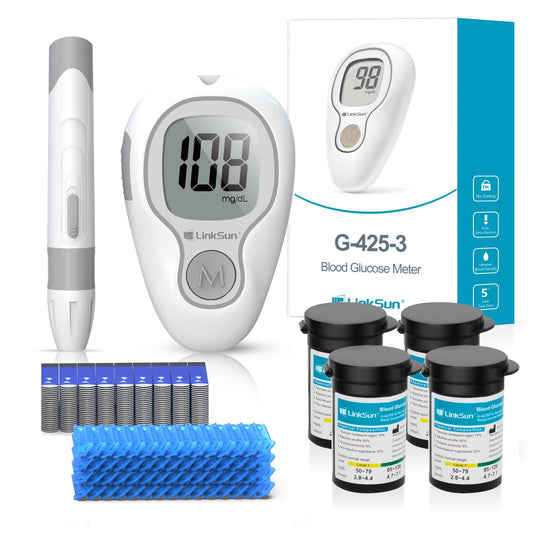 LinkSun G-425-3 Blood Glucose Monitor Kit, 100 Test Strips, 100 Lancets, 1 Blood Sugar Monitor, 1 Lancing Device, Diabetes Testing Kit No Coding, Glucometer Large Display, Diabetes Testing Kit for Home Use
