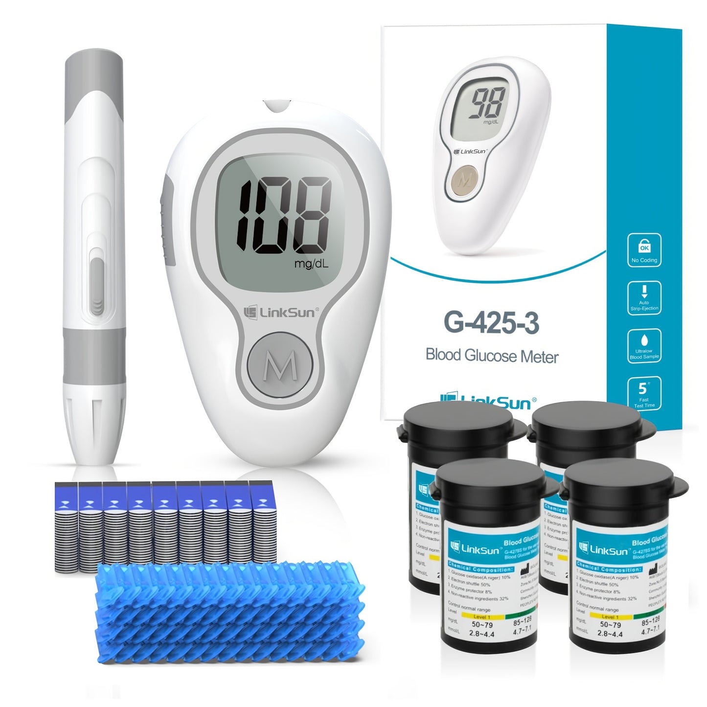 LinkSun G-425-3 Blood Glucose Monitor Kit, 100 Test Strips, 100 Lancets, 1 Blood Sugar Monitor, 1 Lancing Device, Diabetes Testing Kit No Coding, Glucometer Large Display, Diabetes Testing Kit for Home Use